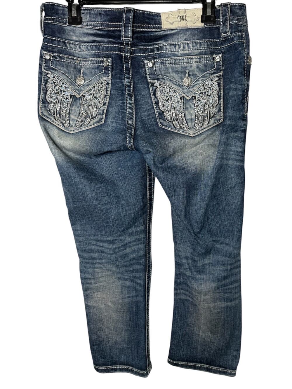 Y2K Miss Me Mid Rise Crop Capri Jeans Rhinestone Angel Wing McBling Indie Sleaze